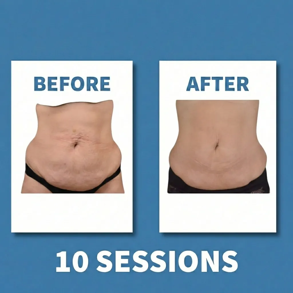 Cryo body sculpting before and after, abdomen with skin tightening, 10 sessions