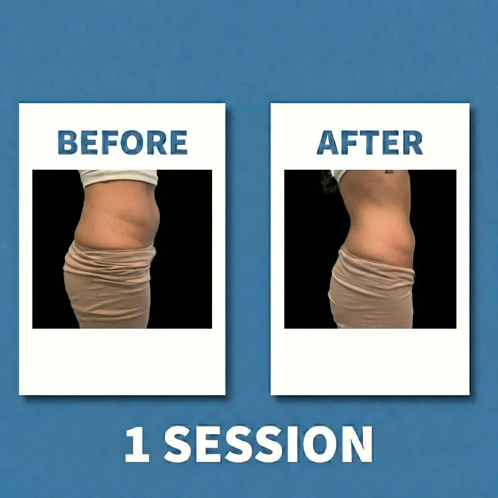Cryo body sculpting before and after, abdomen side view, 1 session
