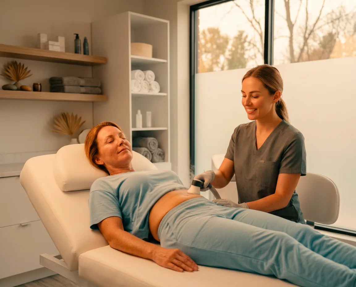 A technician applying cryo body sculpting treatment to a client
