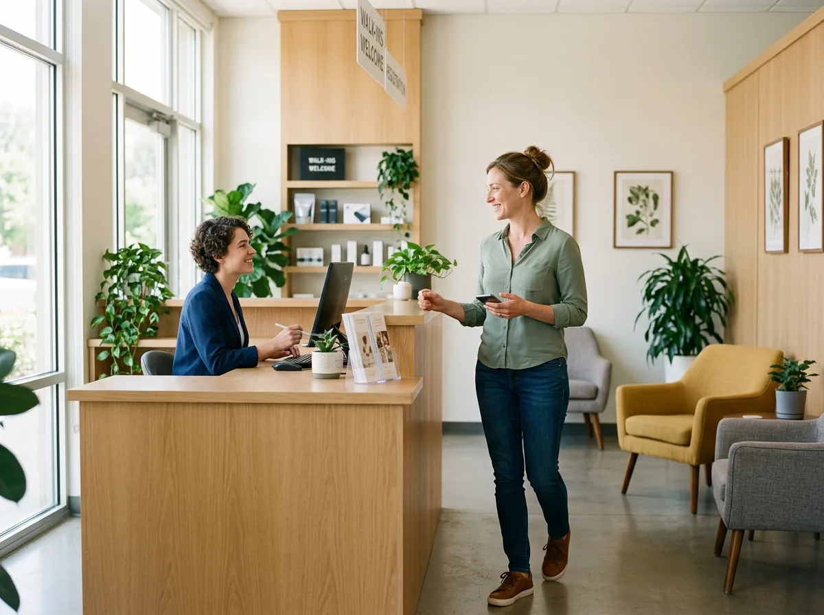 Woman walking into a lab testing center